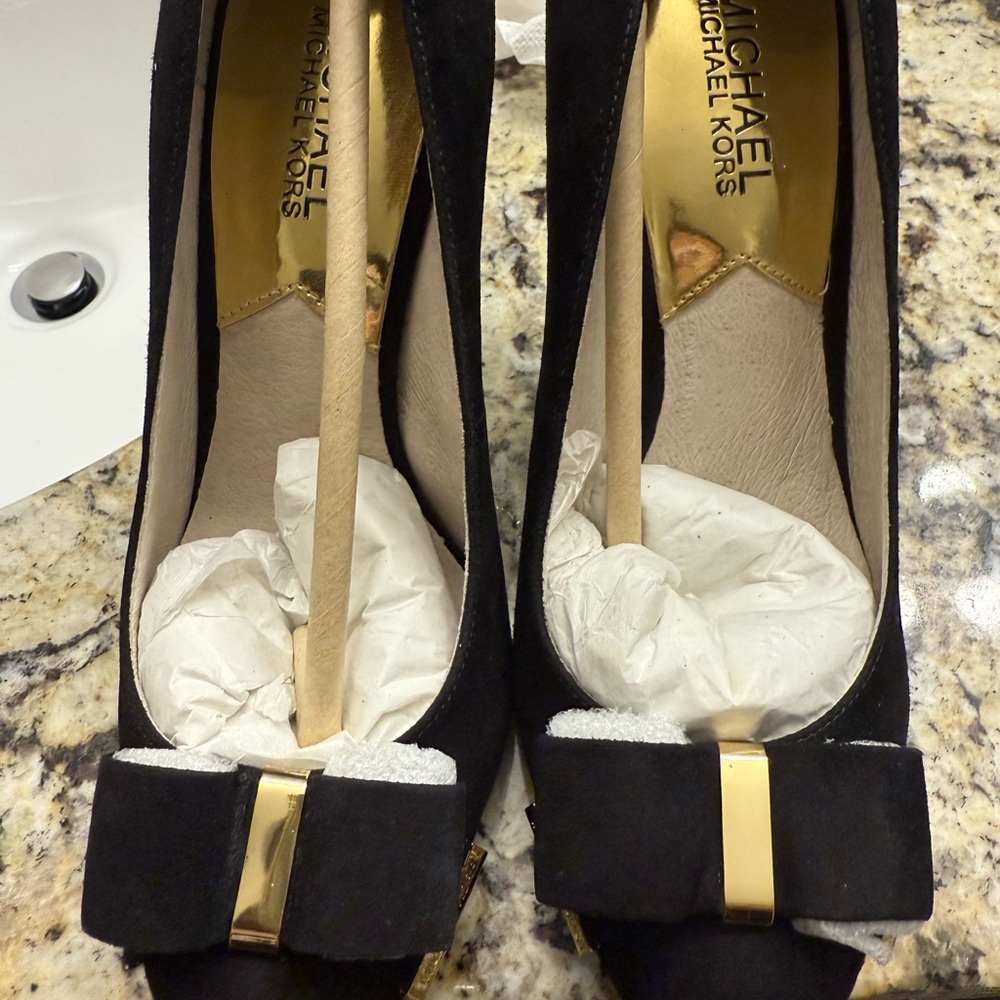 Michael Kors Black and Gold Peep-Toe Heels